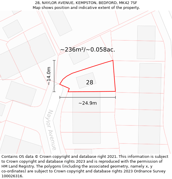 28, NAYLOR AVENUE, KEMPSTON, BEDFORD, MK42 7SF: Plot and title map