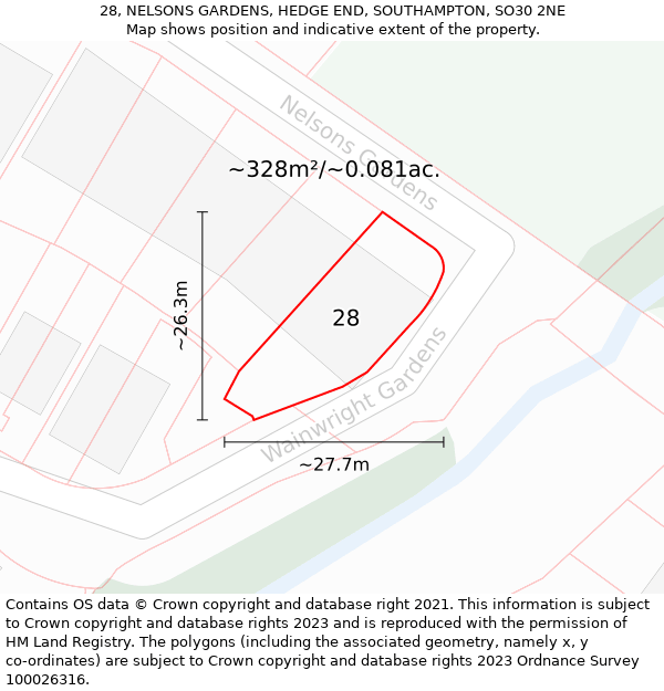 28, NELSONS GARDENS, HEDGE END, SOUTHAMPTON, SO30 2NE: Plot and title map