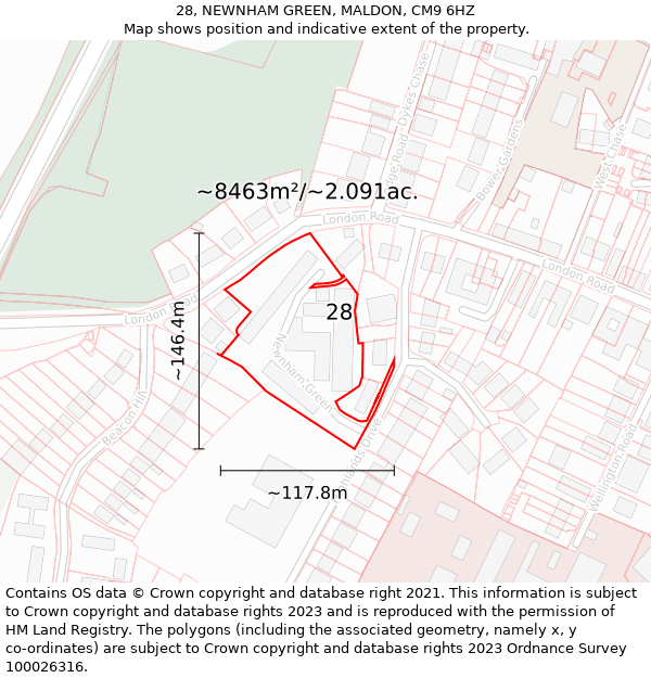 28, NEWNHAM GREEN, MALDON, CM9 6HZ: Plot and title map