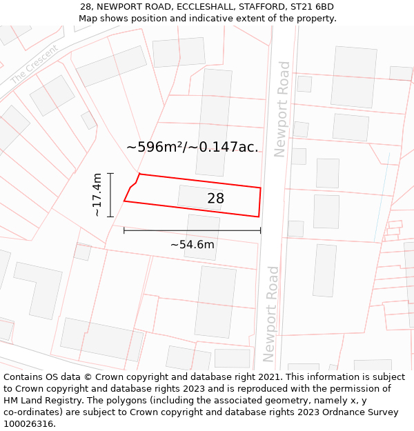 28, NEWPORT ROAD, ECCLESHALL, STAFFORD, ST21 6BD: Plot and title map