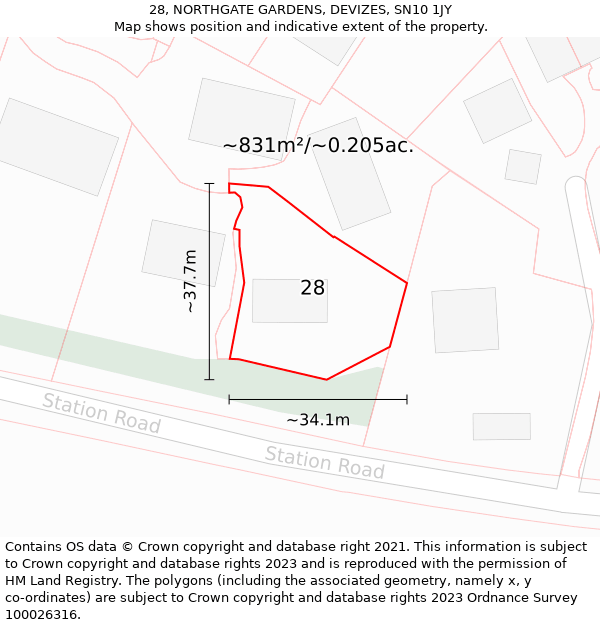 28, NORTHGATE GARDENS, DEVIZES, SN10 1JY: Plot and title map