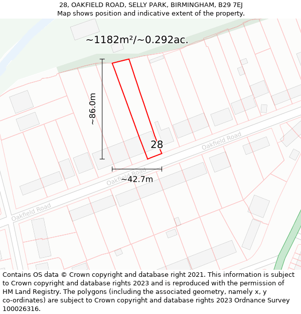 28, OAKFIELD ROAD, SELLY PARK, BIRMINGHAM, B29 7EJ: Plot and title map