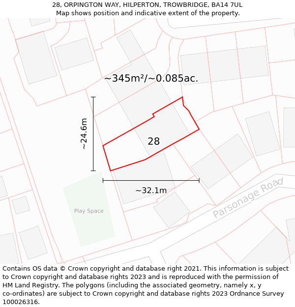 28, ORPINGTON WAY, HILPERTON, TROWBRIDGE, BA14 7UL: Plot and title map