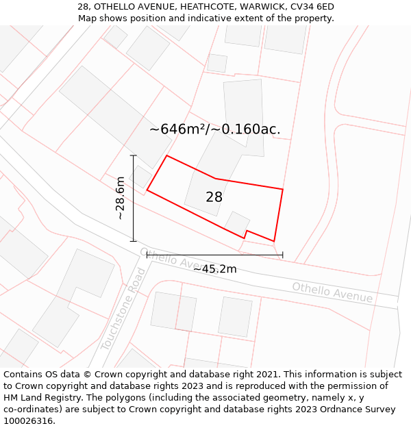 28, OTHELLO AVENUE, HEATHCOTE, WARWICK, CV34 6ED: Plot and title map