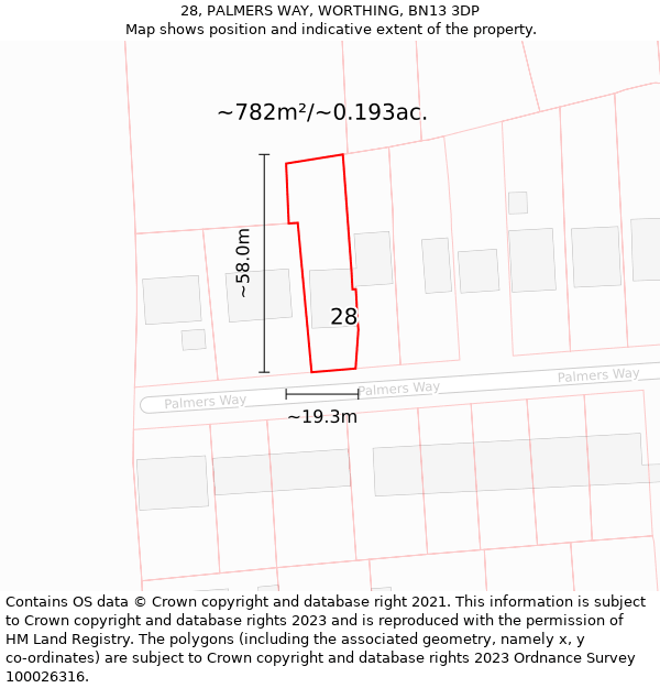 28, PALMERS WAY, WORTHING, BN13 3DP: Plot and title map