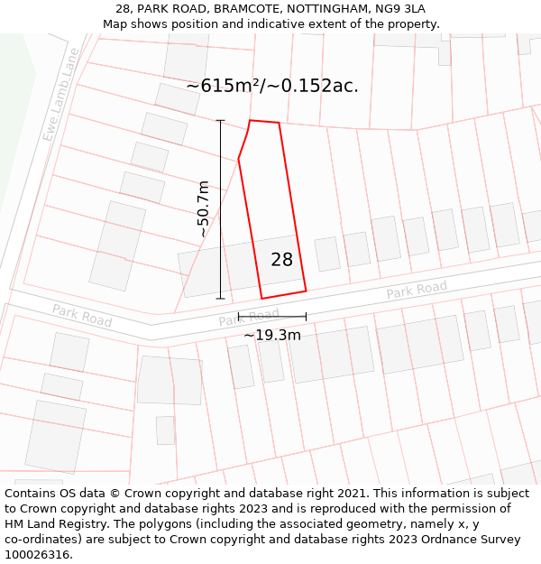 28, PARK ROAD, BRAMCOTE, NOTTINGHAM, NG9 3LA: Plot and title map