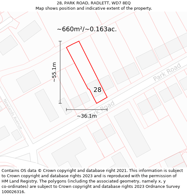 28, PARK ROAD, RADLETT, WD7 8EQ: Plot and title map