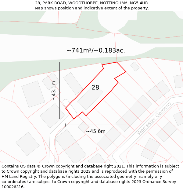 28, PARK ROAD, WOODTHORPE, NOTTINGHAM, NG5 4HR: Plot and title map