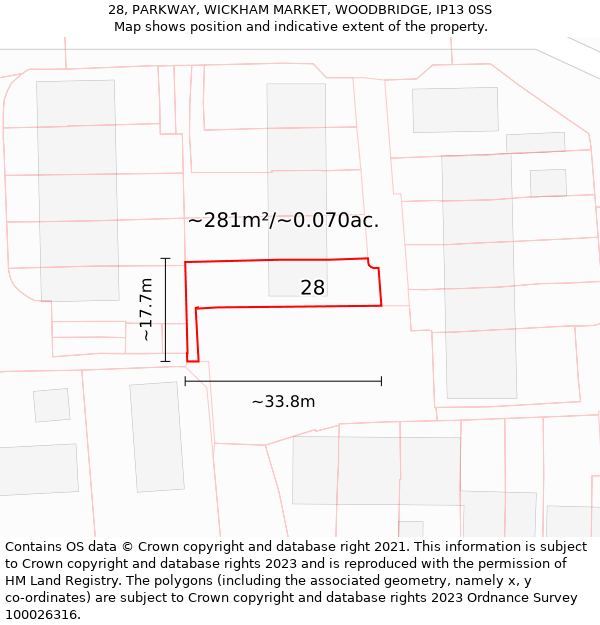 28, PARKWAY, WICKHAM MARKET, WOODBRIDGE, IP13 0SS: Plot and title map