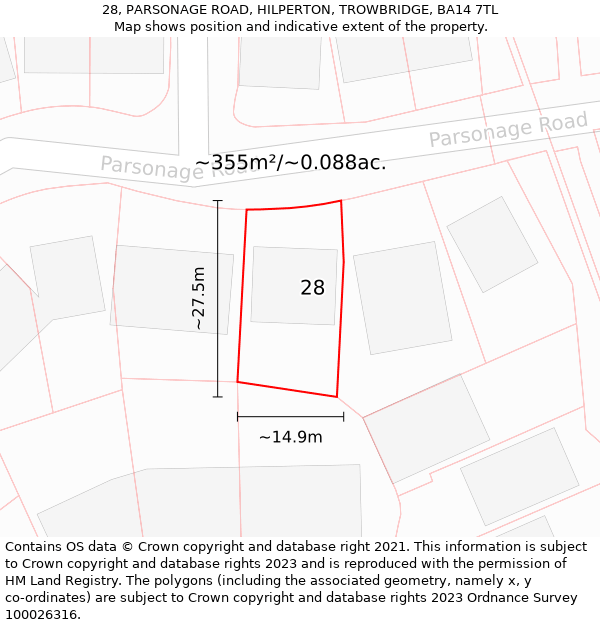 28, PARSONAGE ROAD, HILPERTON, TROWBRIDGE, BA14 7TL: Plot and title map