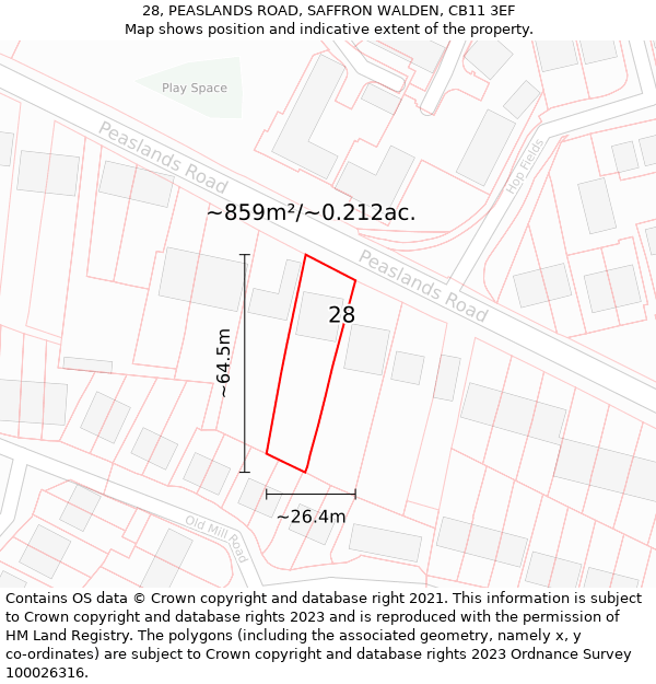 28, PEASLANDS ROAD, SAFFRON WALDEN, CB11 3EF: Plot and title map