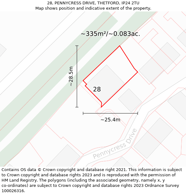 28, PENNYCRESS DRIVE, THETFORD, IP24 2TU: Plot and title map