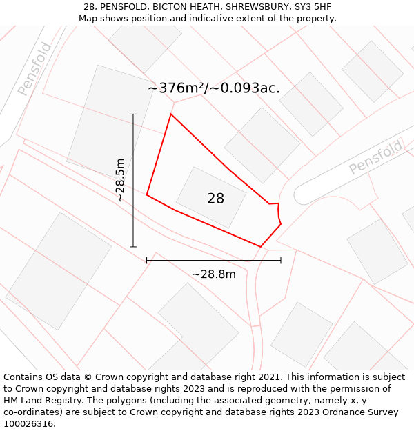 28, PENSFOLD, BICTON HEATH, SHREWSBURY, SY3 5HF: Plot and title map