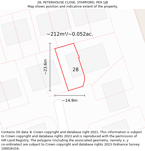 28, PETERHOUSE CLOSE, STAMFORD, PE9 1JB: Plot and title map