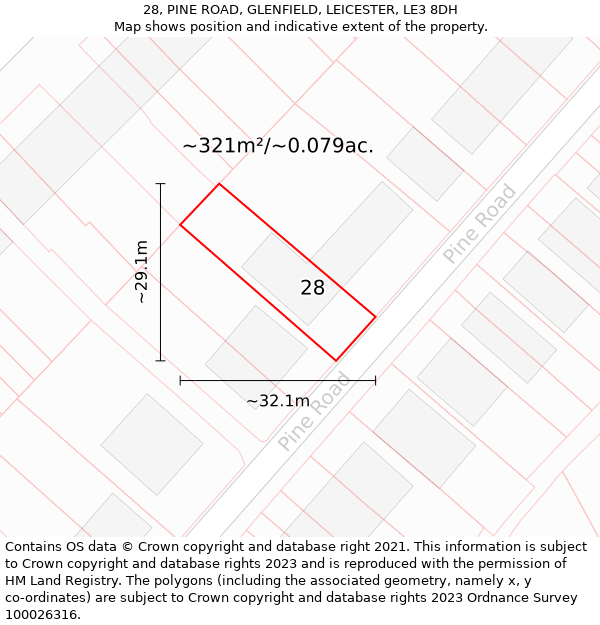 28, PINE ROAD, GLENFIELD, LEICESTER, LE3 8DH: Plot and title map