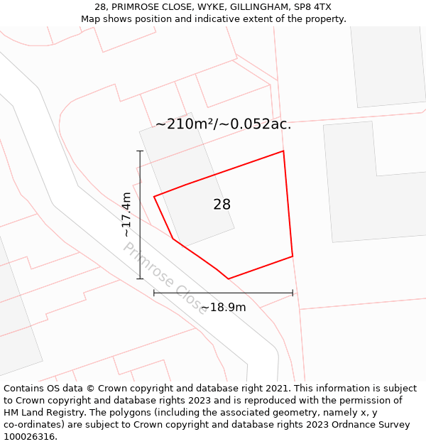 28, PRIMROSE CLOSE, WYKE, GILLINGHAM, SP8 4TX: Plot and title map