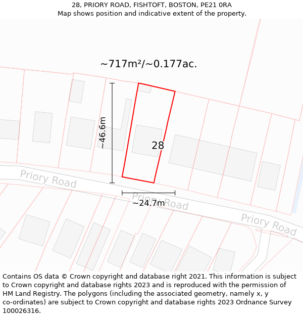 28, PRIORY ROAD, FISHTOFT, BOSTON, PE21 0RA: Plot and title map