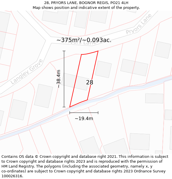 28, PRYORS LANE, BOGNOR REGIS, PO21 4LH: Plot and title map