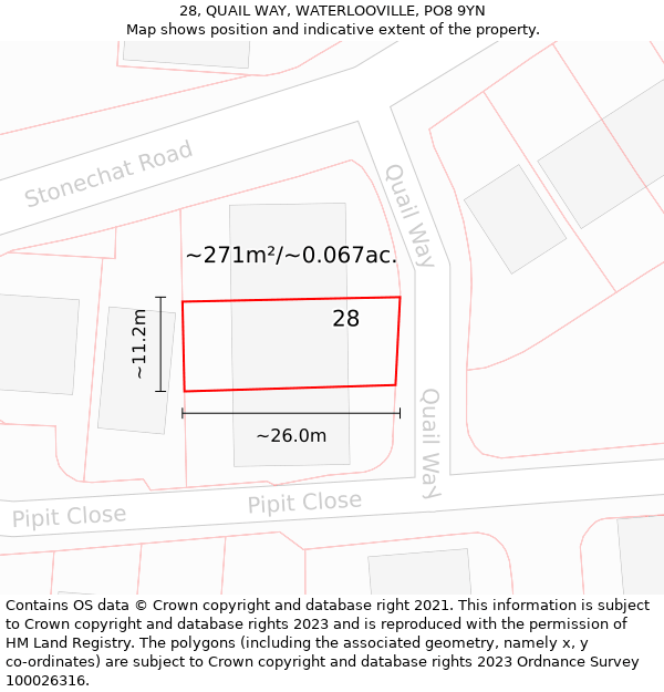 28, QUAIL WAY, WATERLOOVILLE, PO8 9YN: Plot and title map
