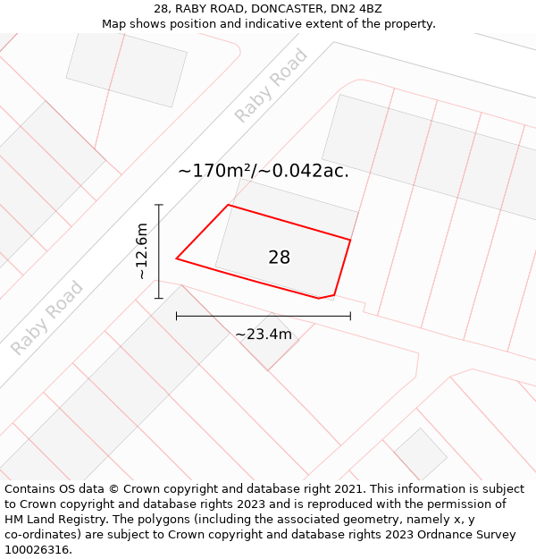 28, RABY ROAD, DONCASTER, DN2 4BZ: Plot and title map