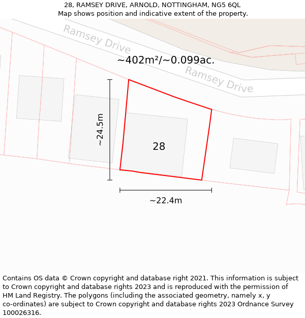 28, RAMSEY DRIVE, ARNOLD, NOTTINGHAM, NG5 6QL: Plot and title map