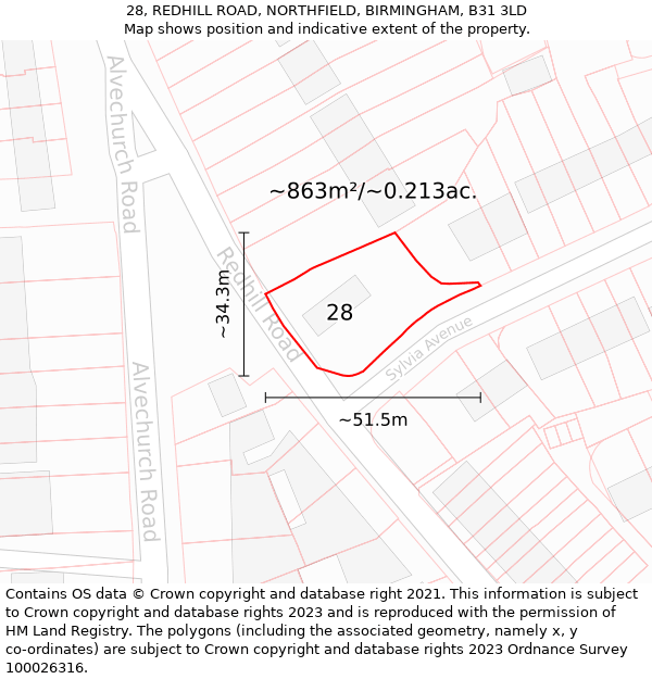 28, REDHILL ROAD, NORTHFIELD, BIRMINGHAM, B31 3LD: Plot and title map