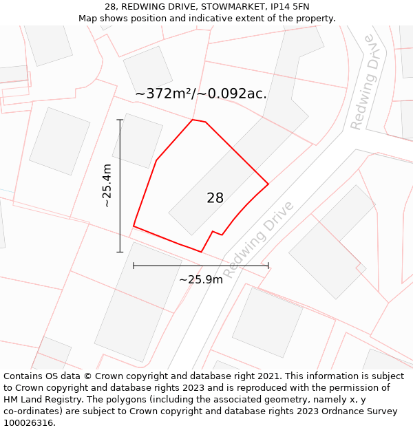 28, REDWING DRIVE, STOWMARKET, IP14 5FN: Plot and title map