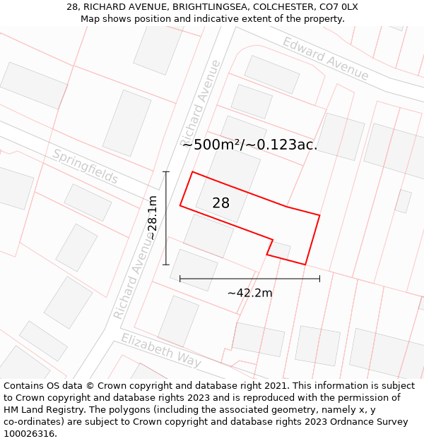 28, RICHARD AVENUE, BRIGHTLINGSEA, COLCHESTER, CO7 0LX: Plot and title map