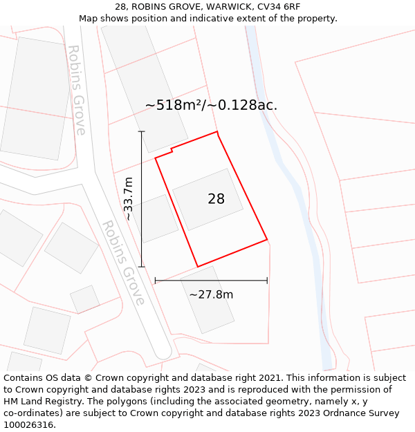 28, ROBINS GROVE, WARWICK, CV34 6RF: Plot and title map