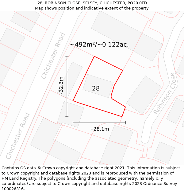 28, ROBINSON CLOSE, SELSEY, CHICHESTER, PO20 0FD: Plot and title map