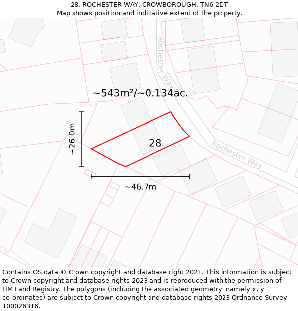 28, ROCHESTER WAY, CROWBOROUGH, TN6 2DT: Plot and title map