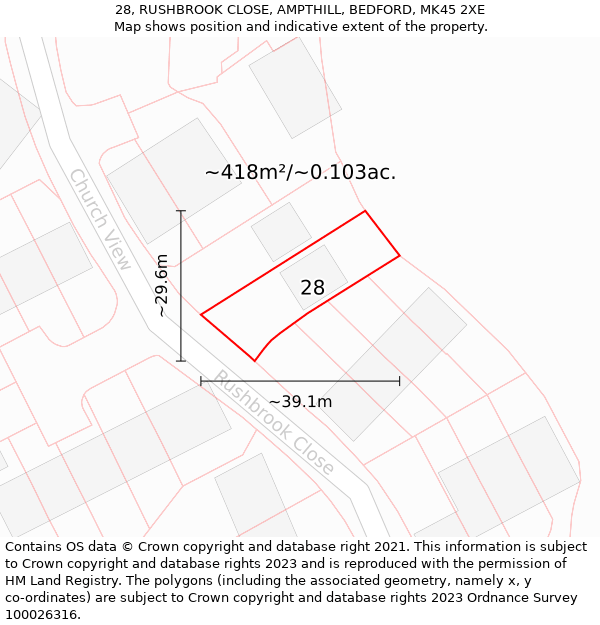 28, RUSHBROOK CLOSE, AMPTHILL, BEDFORD, MK45 2XE: Plot and title map