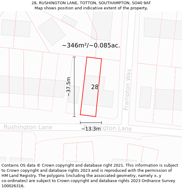 28, RUSHINGTON LANE, TOTTON, SOUTHAMPTON, SO40 9AF: Plot and title map