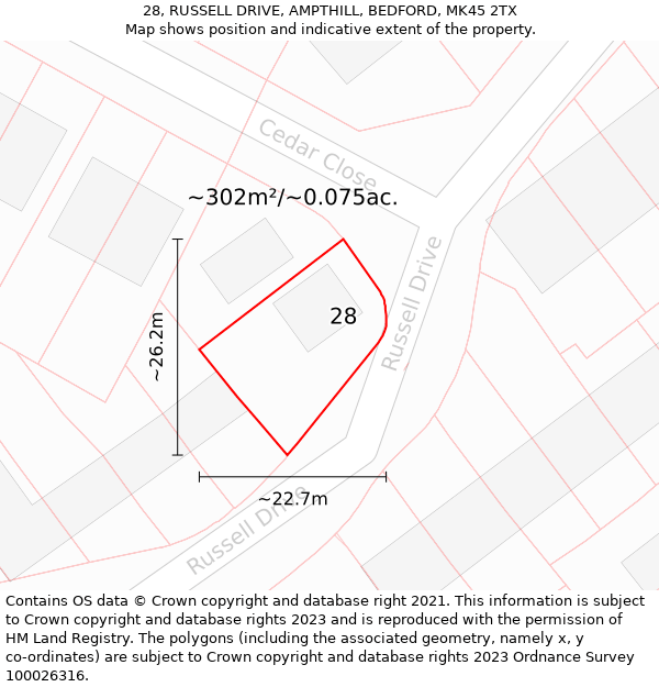 28, RUSSELL DRIVE, AMPTHILL, BEDFORD, MK45 2TX: Plot and title map