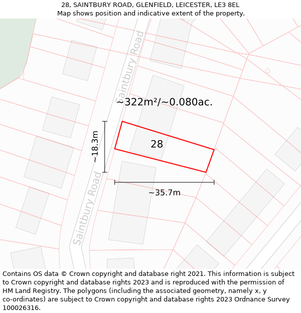 28, SAINTBURY ROAD, GLENFIELD, LEICESTER, LE3 8EL: Plot and title map