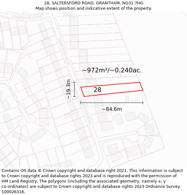 28, SALTERSFORD ROAD, GRANTHAM, NG31 7HG: Plot and title map