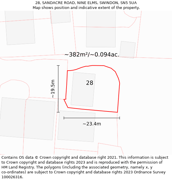 28, SANDACRE ROAD, NINE ELMS, SWINDON, SN5 5UA: Plot and title map