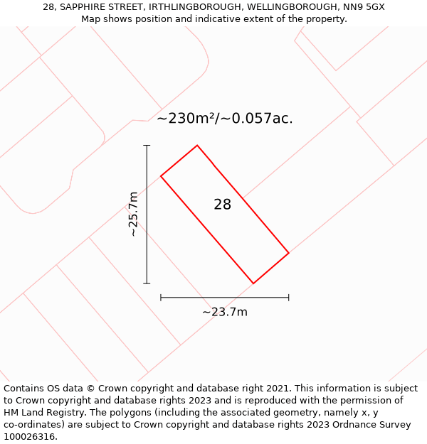 28, SAPPHIRE STREET, IRTHLINGBOROUGH, WELLINGBOROUGH, NN9 5GX: Plot and title map