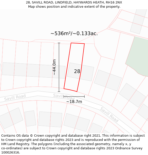 28, SAVILL ROAD, LINDFIELD, HAYWARDS HEATH, RH16 2NX: Plot and title map