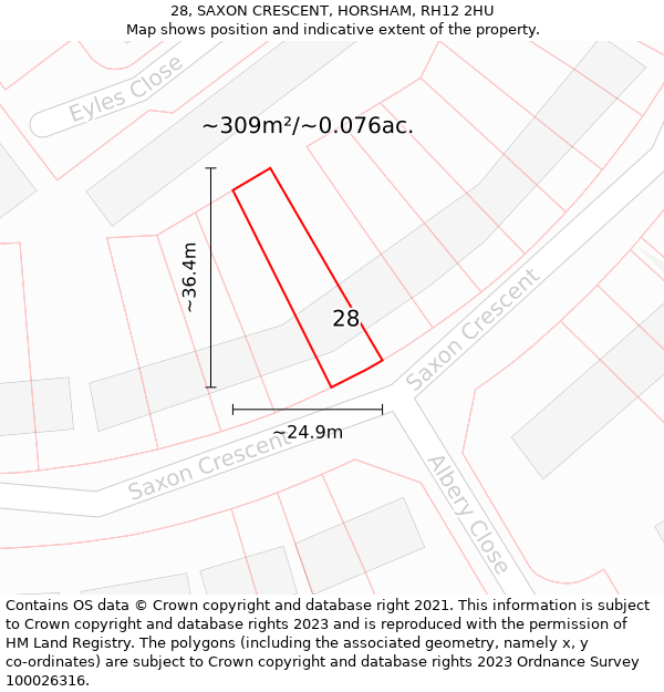 28, SAXON CRESCENT, HORSHAM, RH12 2HU: Plot and title map