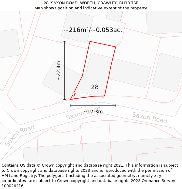 28, SAXON ROAD, WORTH, CRAWLEY, RH10 7SB: Plot and title map