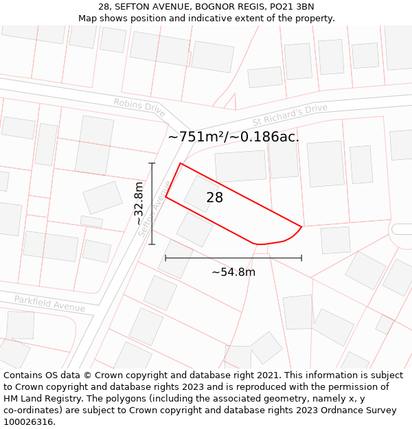 28, SEFTON AVENUE, BOGNOR REGIS, PO21 3BN: Plot and title map