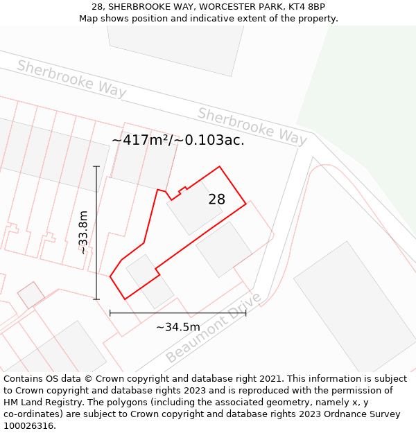 28, SHERBROOKE WAY, WORCESTER PARK, KT4 8BP: Plot and title map