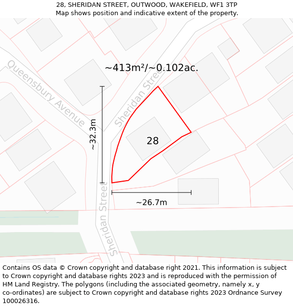 28, SHERIDAN STREET, OUTWOOD, WAKEFIELD, WF1 3TP: Plot and title map