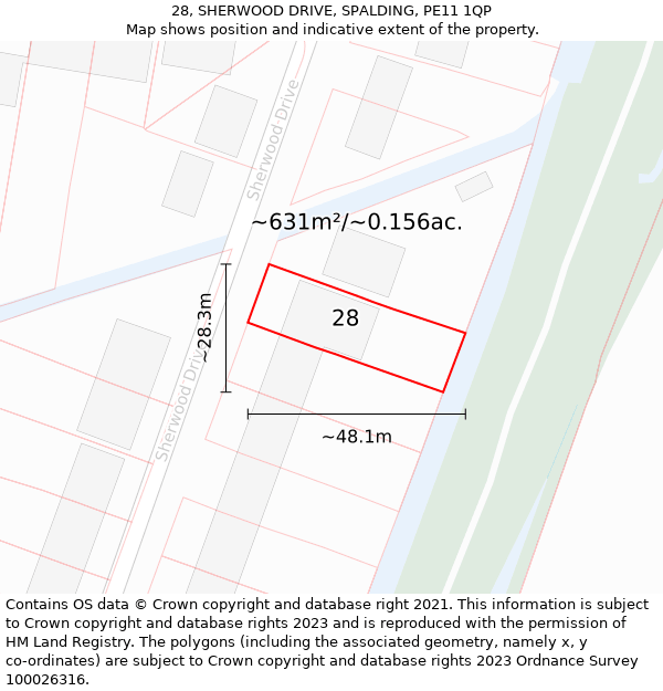 28, SHERWOOD DRIVE, SPALDING, PE11 1QP: Plot and title map