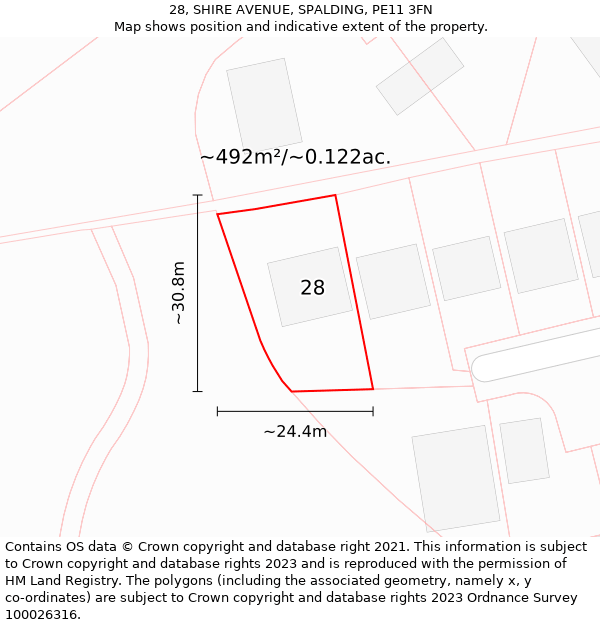 28, SHIRE AVENUE, SPALDING, PE11 3FN: Plot and title map