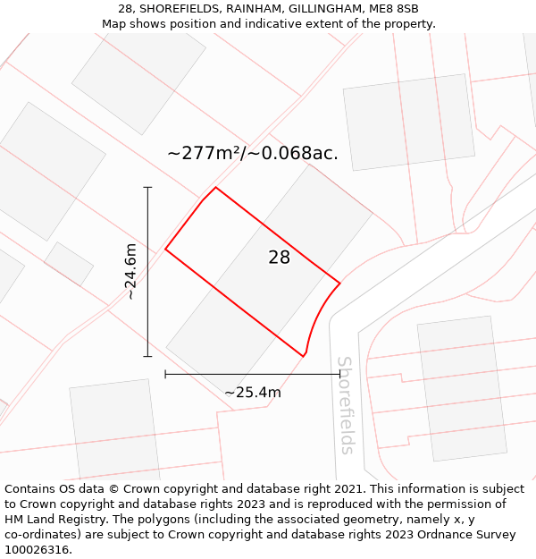 28, SHOREFIELDS, RAINHAM, GILLINGHAM, ME8 8SB: Plot and title map