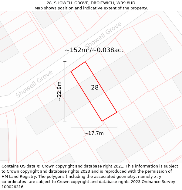 28, SHOWELL GROVE, DROITWICH, WR9 8UD: Plot and title map