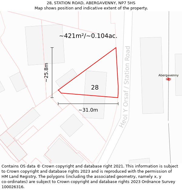 28, STATION ROAD, ABERGAVENNY, NP7 5HS: Plot and title map