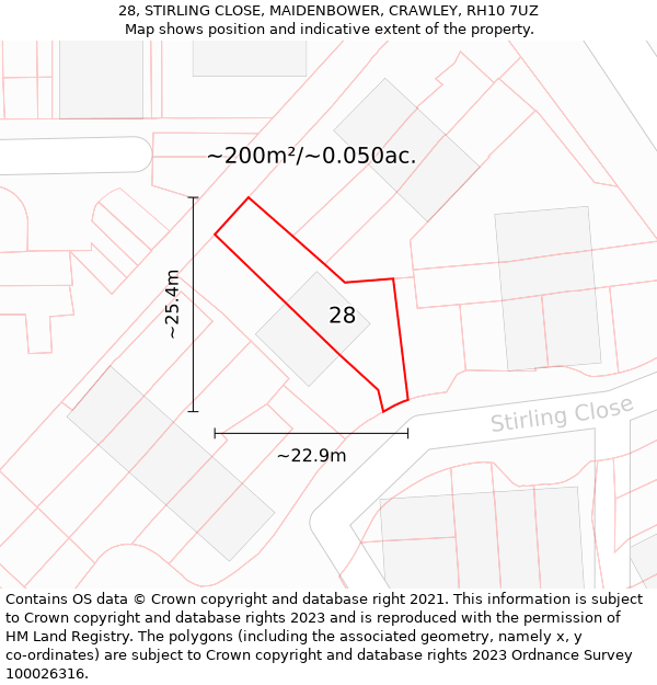 28, STIRLING CLOSE, MAIDENBOWER, CRAWLEY, RH10 7UZ: Plot and title map